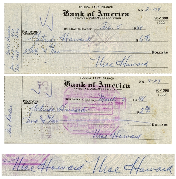 Moe Howard Lot of Two Checks Signed, Both Made Out to Shemp's Wife Gertrude Howard -- Dated 5 February 1958 and 8 March 1958 -- -- Measure 7'' x 3'' -- Very Good Condition
